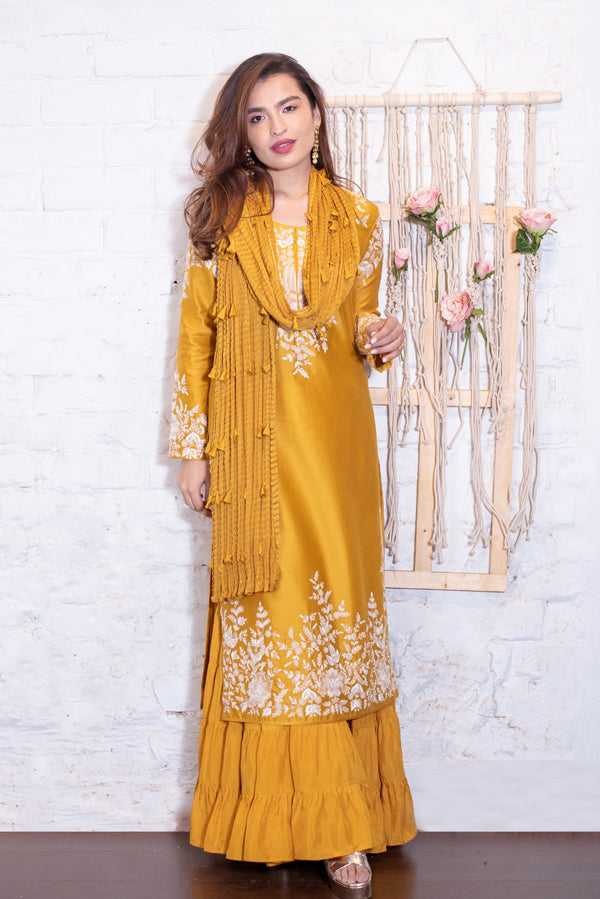 Ochre Thread & Zardozi Sharara Set