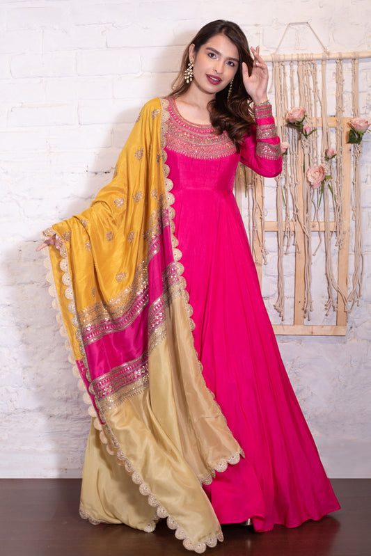 Fuchsia Anarkali & Colour Block Dupatta Set