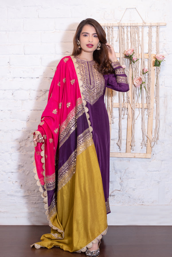 Purple Kurta & Colour Block Dupatta Set