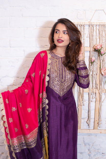 Purple Kurta & Colour Block Dupatta Set