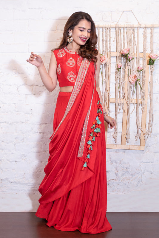 Red Zardozi Drape Lehenga Set