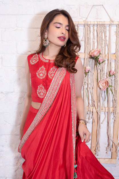 Red Zardozi Drape Lehenga Set