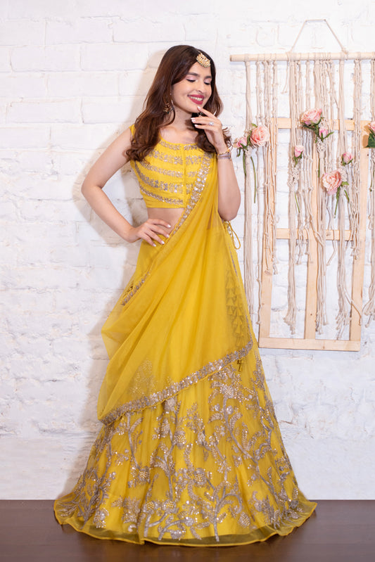 Lime Zardozi Lehenga Drape Set