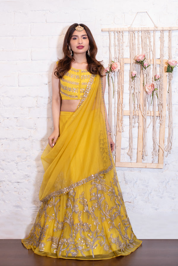 Lime Zardozi Lehenga Drape Set