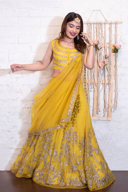 Lime Zardozi Lehenga Drape Set