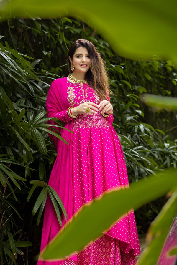 Fuchsia Asymmetrical Bandhej Anarkali