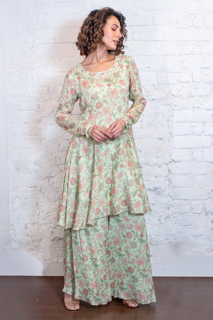 Mint asymmetrical embellished kurta & garara set