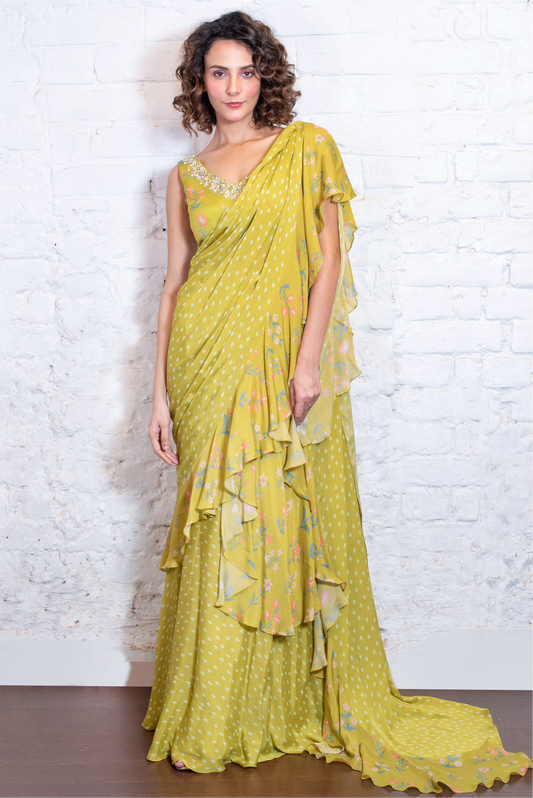 Green floral drape sari & embellished blouse set