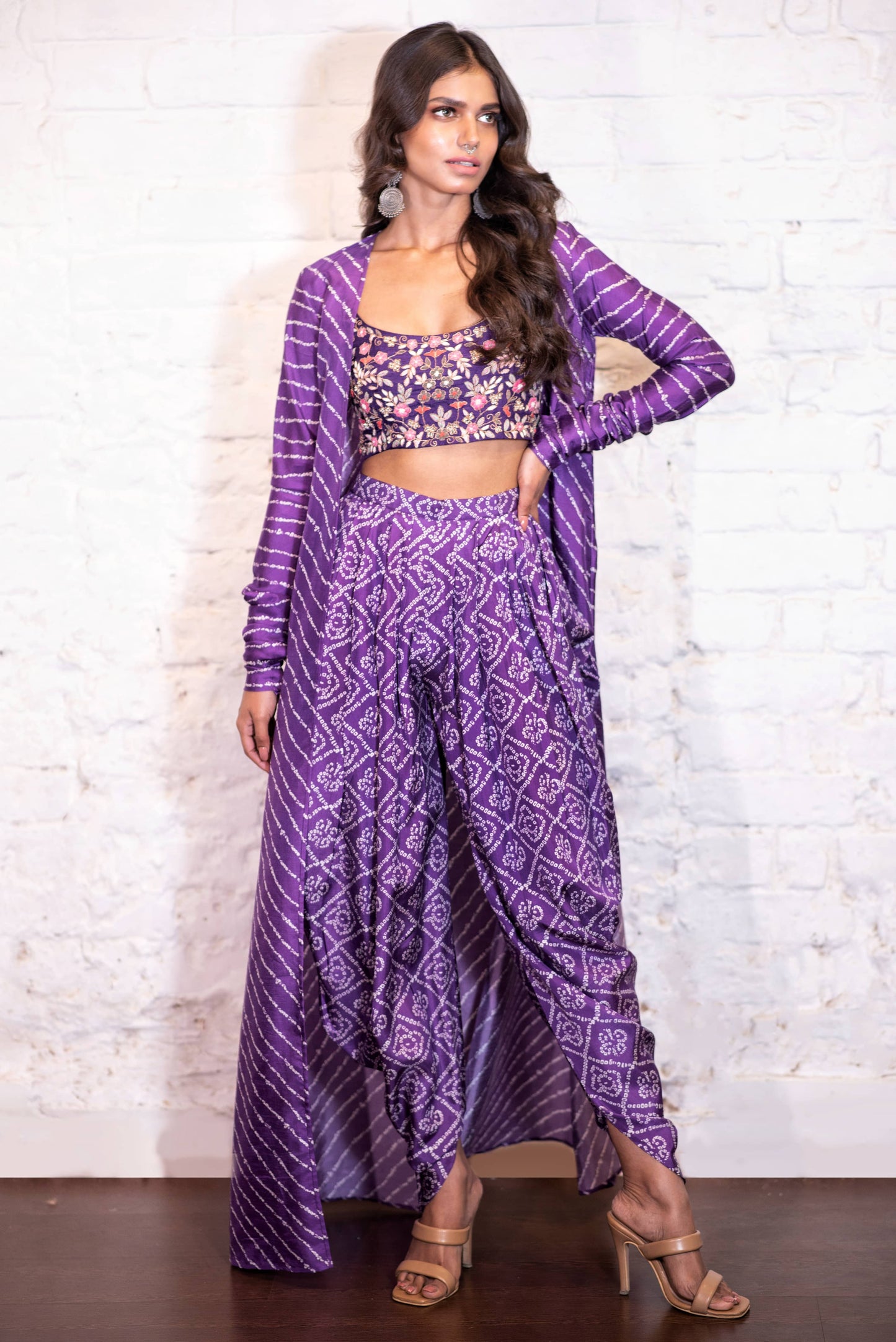 Purple Bandhej Embroidered Dhoti Set