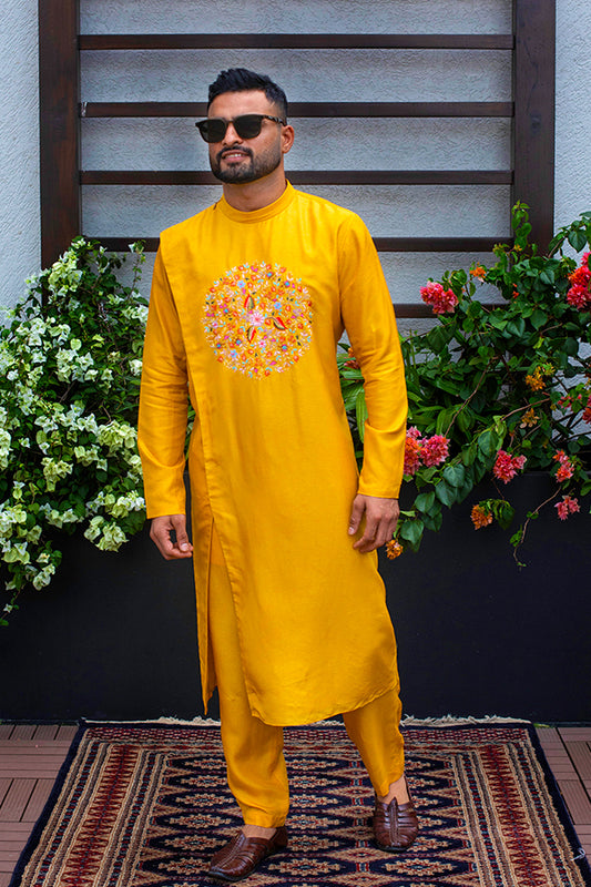 Ochre Thread Panel Kurta Set