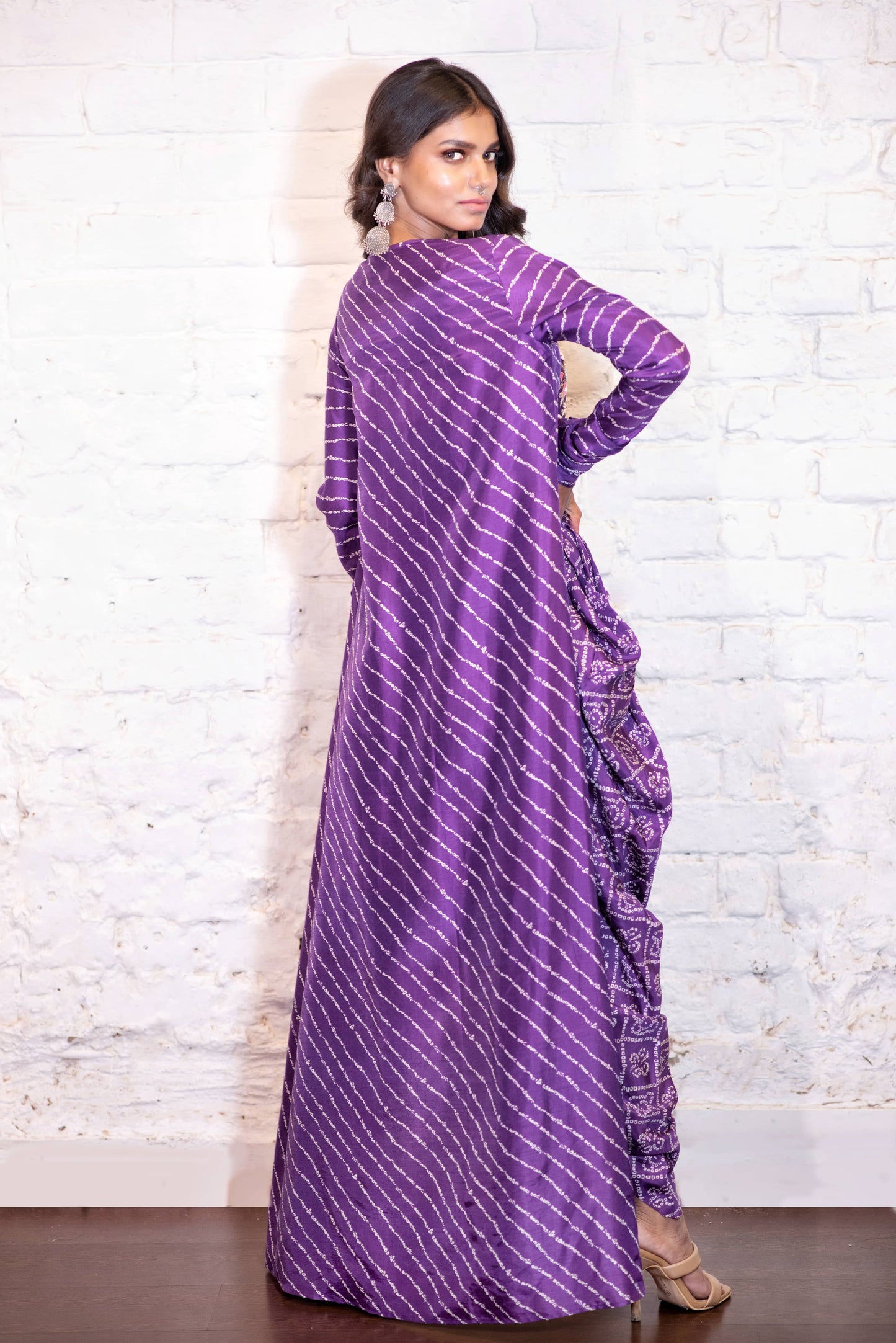 Purple Bandhej Embroidered Dhoti Set