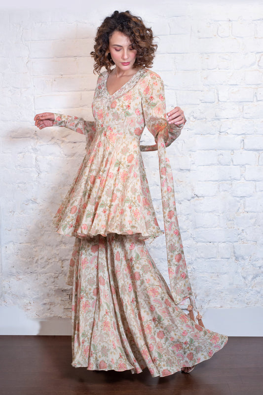 Ivory chiffon embellished kurta & garara set