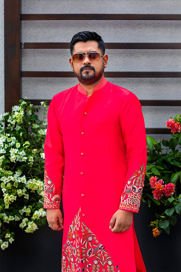 Poppy Red Thread Sherwani Set