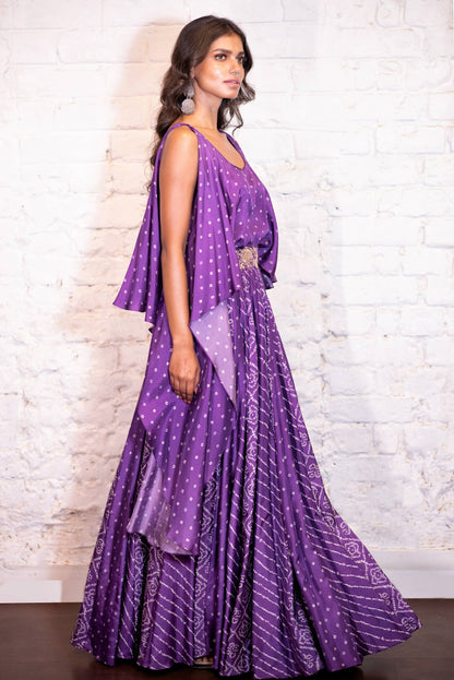 Purple asymmetrical Top, Lehenga & Belt Set