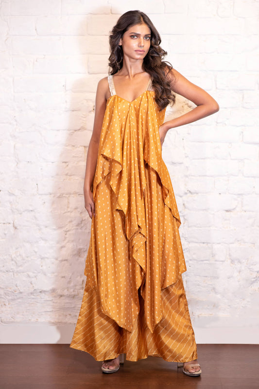 Ochre bandhej Asymmetric Kurta Pant Set