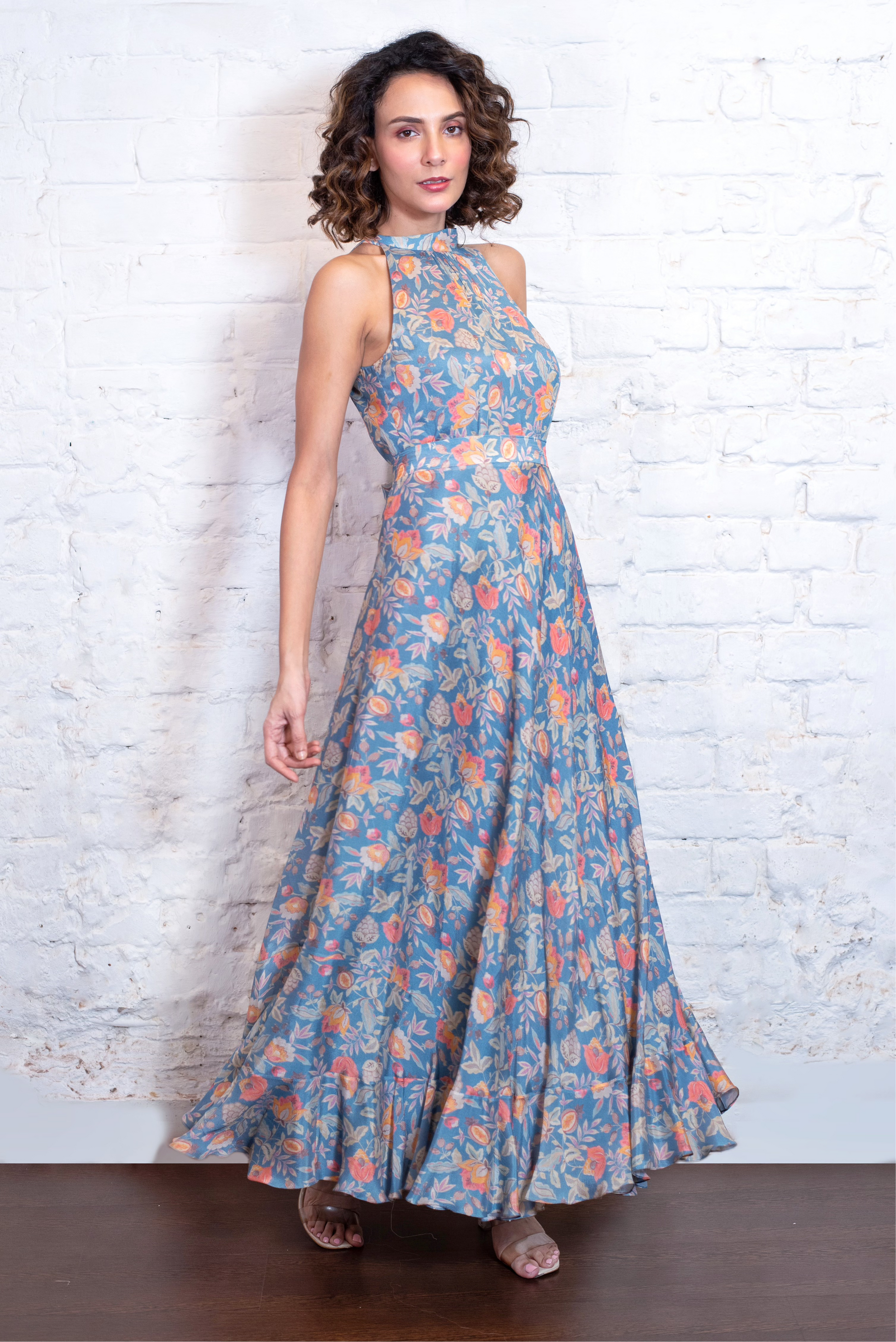 Blue floral long dress with belt Vasavi Shah Label Blue floral long dress with belt Vasavi Shah Label