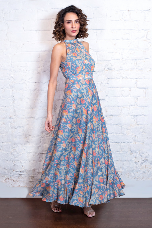 Blue floral long dress with belt