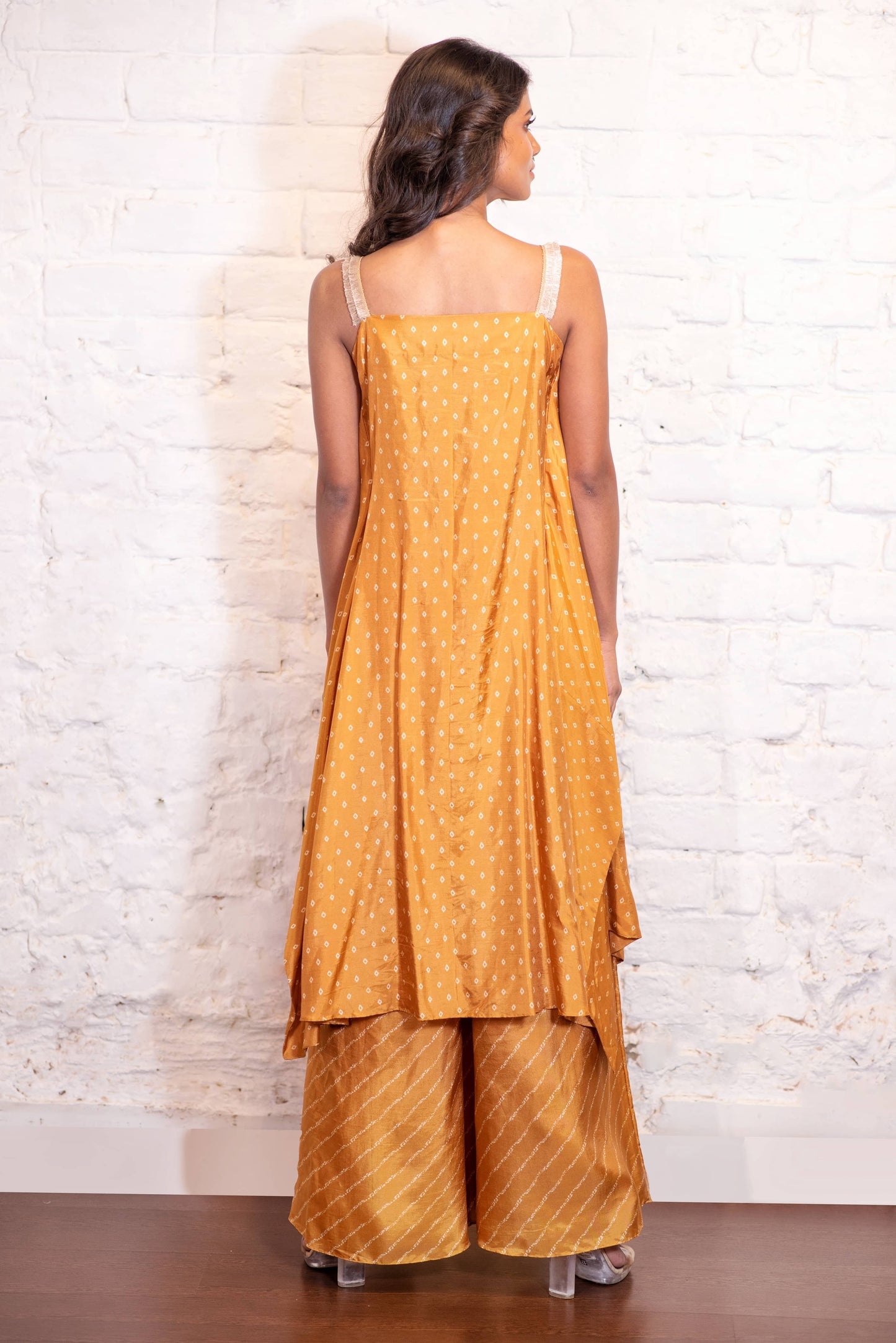 Ochre bandhej Asymmetric Kurta Pant Set