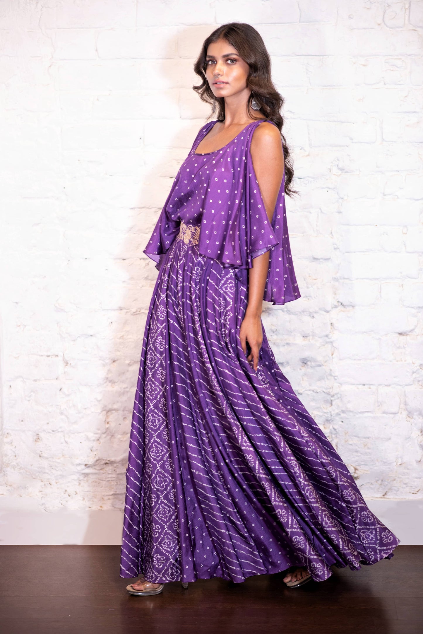 Purple asymmetrical Top, Lehenga & Belt Set