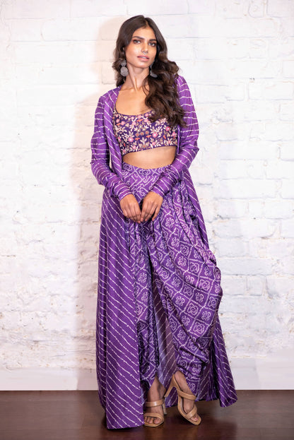 Purple Bandhej Embroidered Dhoti Set