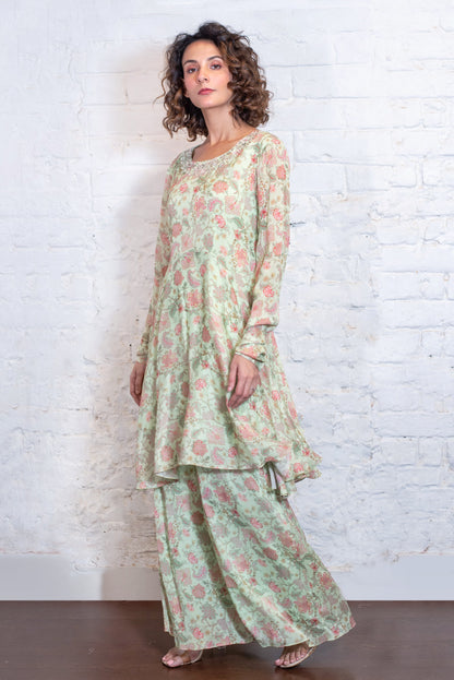 Mint asymmetrical embellished kurta & garara set