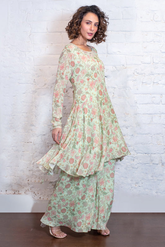 Mint asymmetrical embellished kurta & garara set