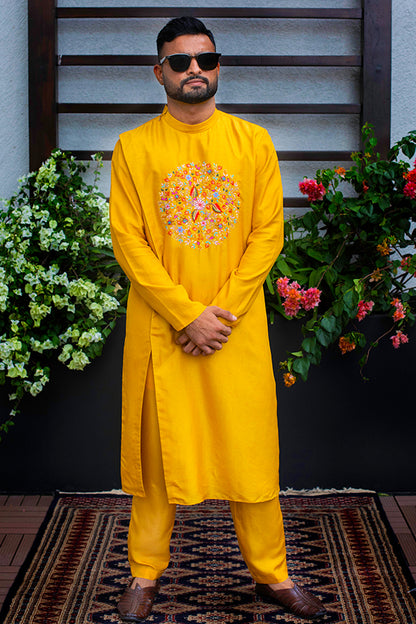 Ochre Thread Panel Kurta Set